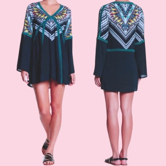 $145 Red Carter Swim Cover Up Small Blue Feather Print Ladder Insert Bell Sleeve - Picture 9 of 16